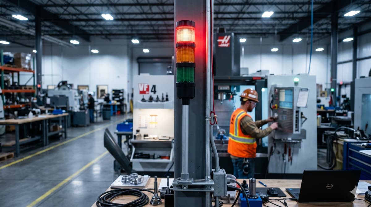 Industrial stack light tower mounted above a workstation, showing red alert segment illuminated during a safety event