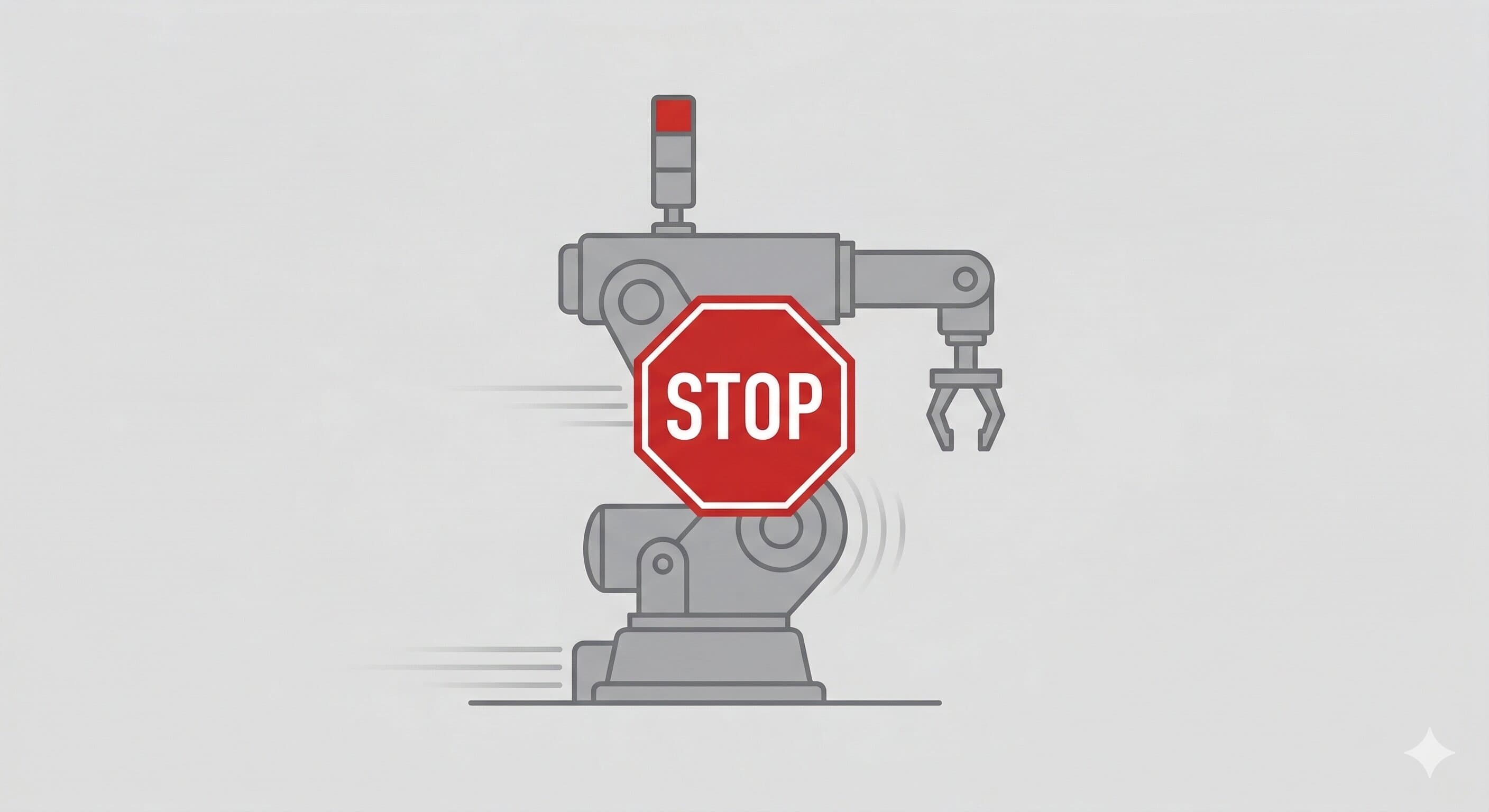 Industrial machine halted with safety indicator light showing red, hard-stop activated