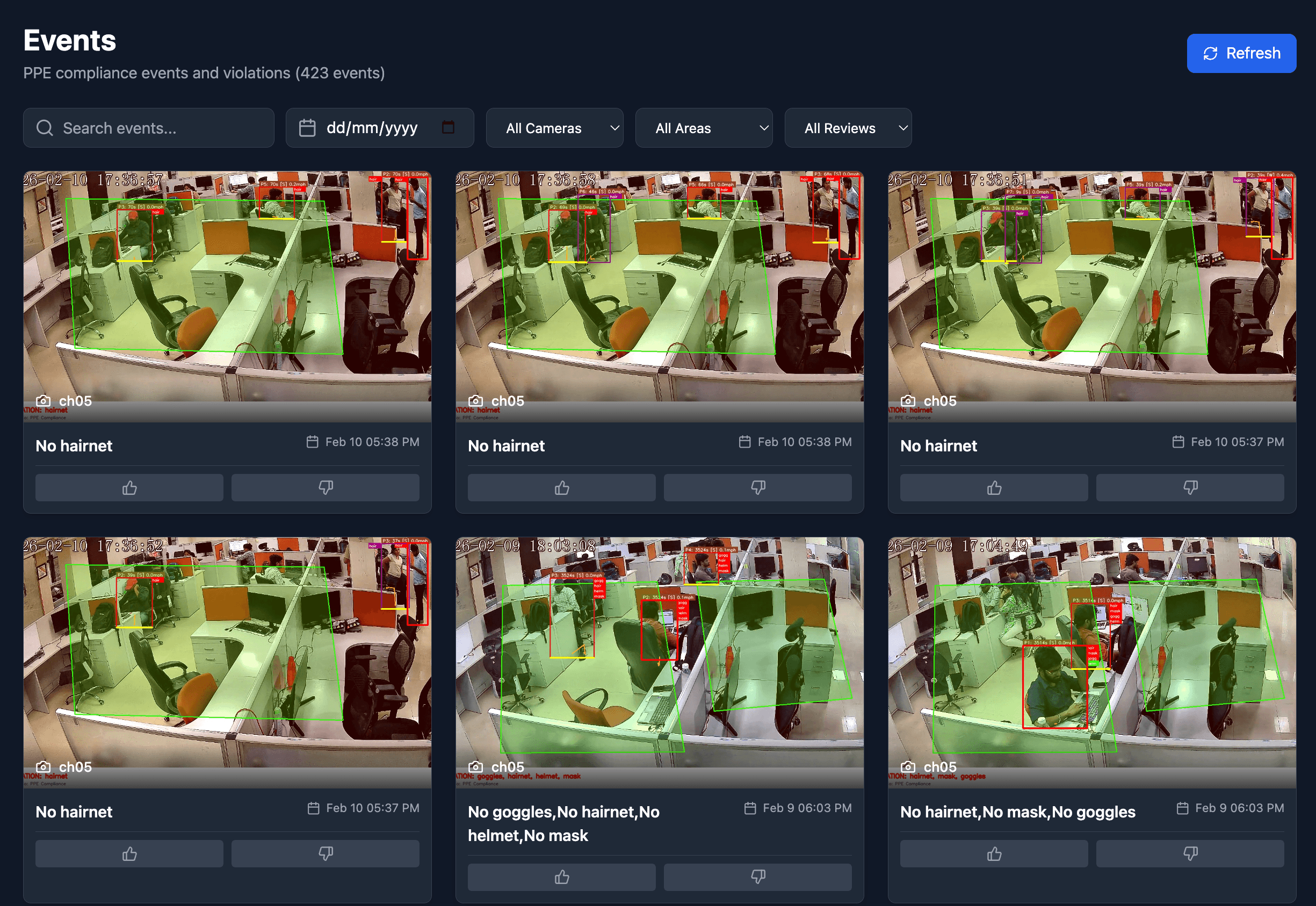 Event Review - Review and filter events by camera, zone, and type. Provide feedback to improve accuracy over time.