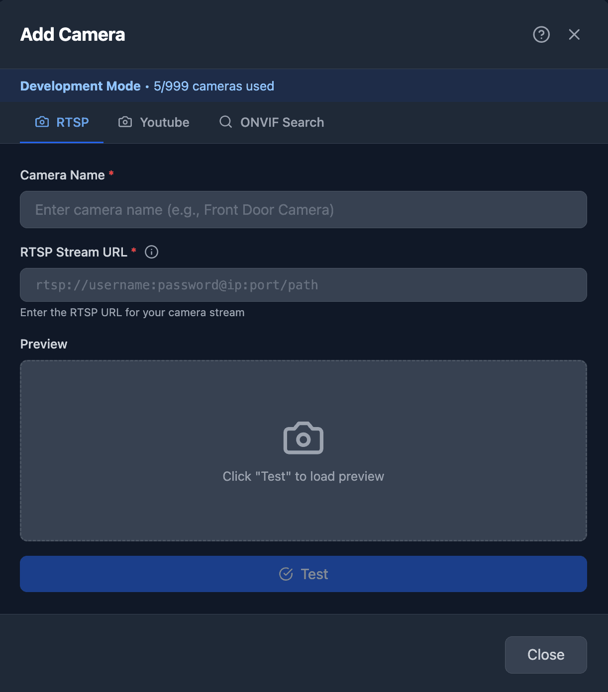 Add Camera - Network scan, RTSP, NVR, or YouTube Live feeds.