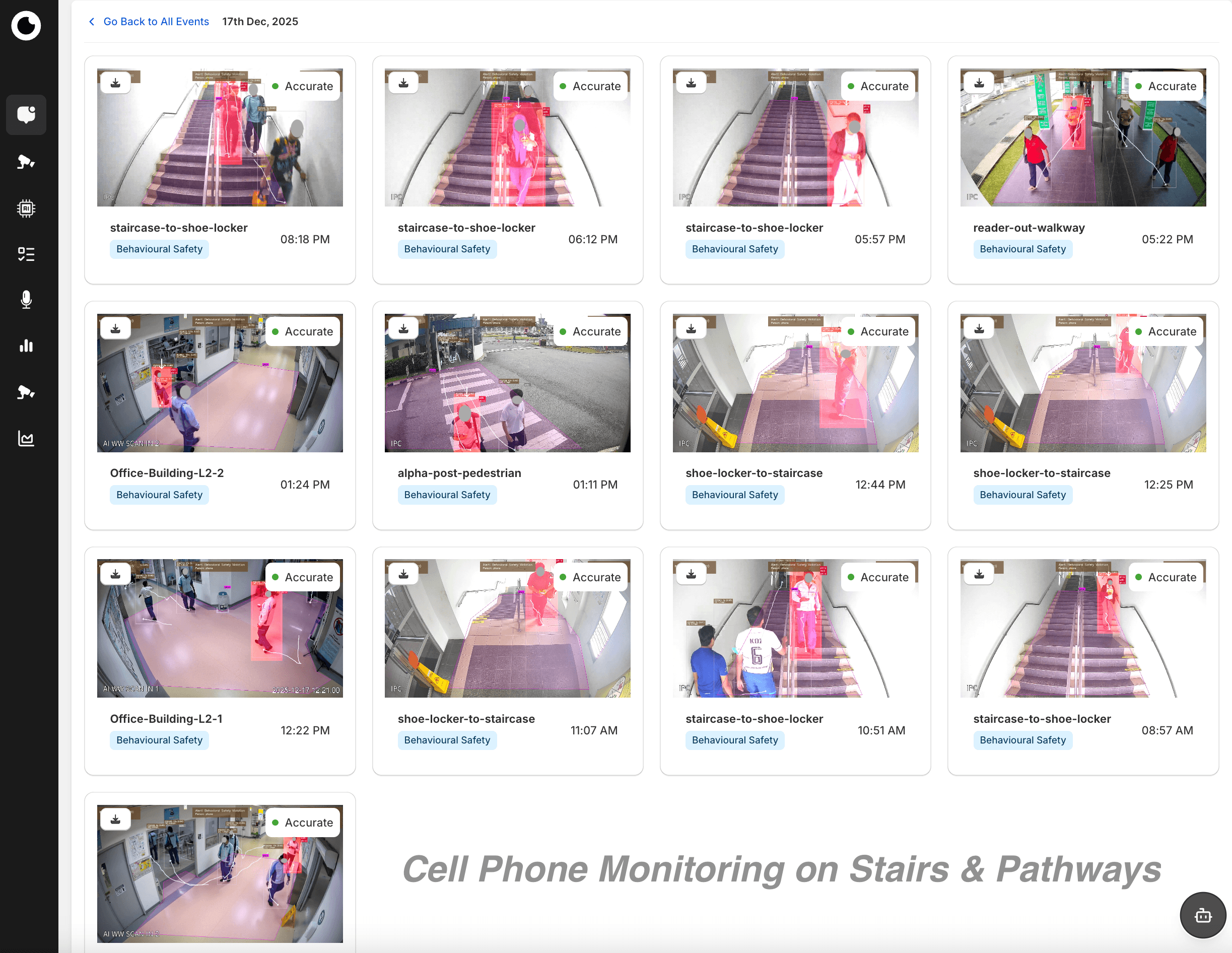 Visionify events feed showing recent safety incidents from Ring cameras