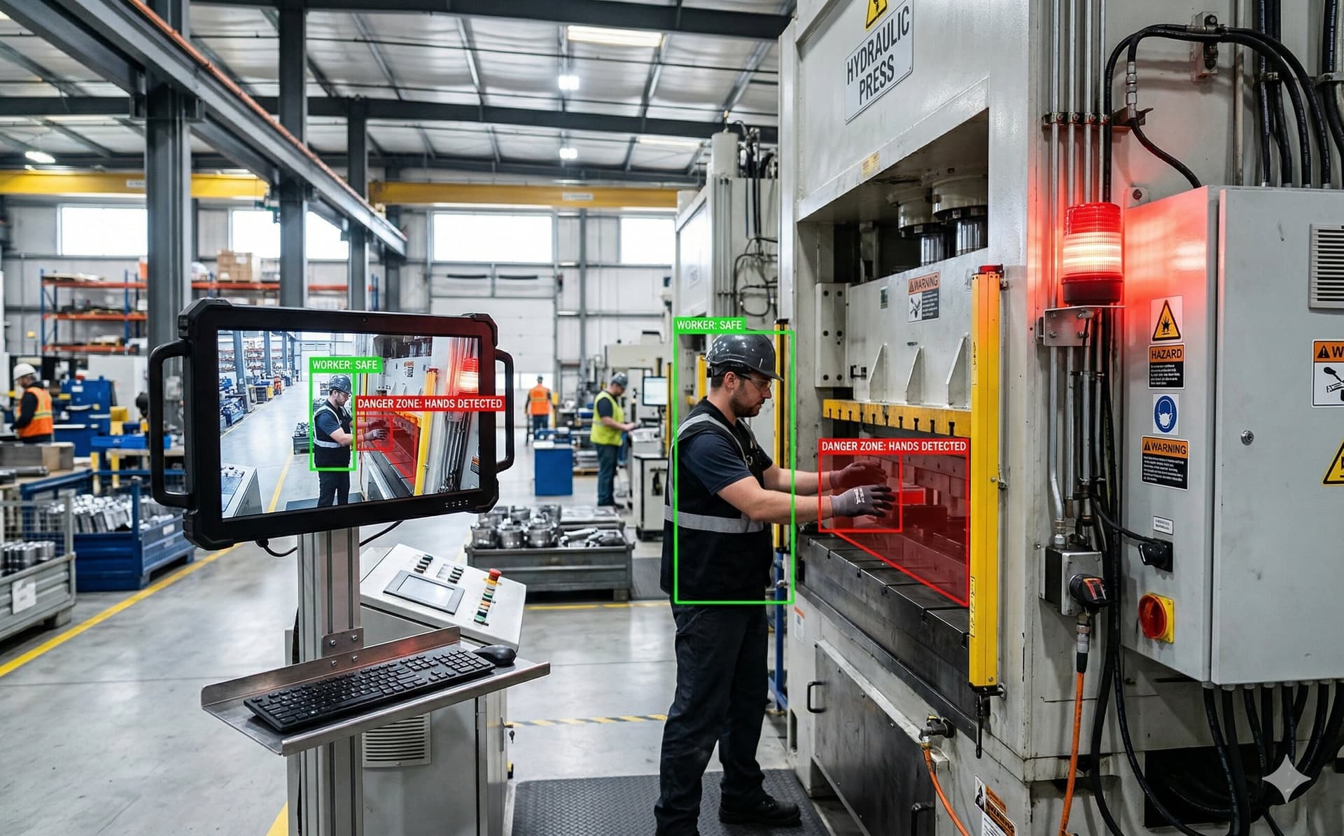 Visionify Hard-Stop Integration — AI-detected safety event triggers PLC machine shutdown