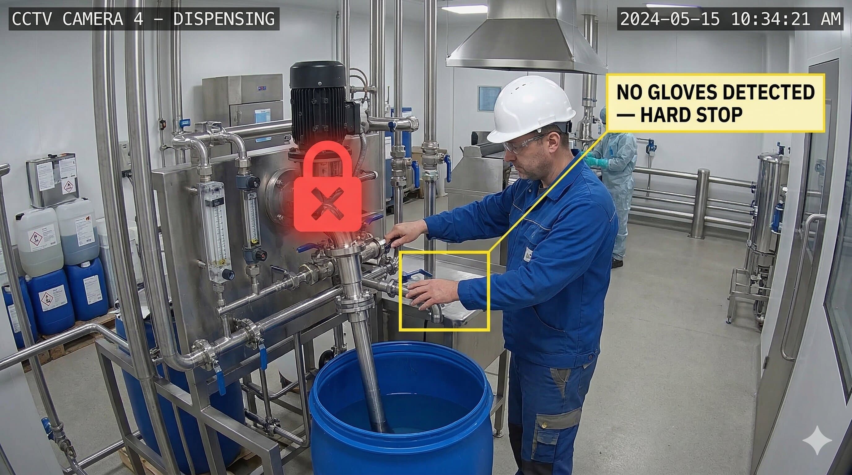 Operator at machine without gloves — AI highlights missing PPE with warning overlay