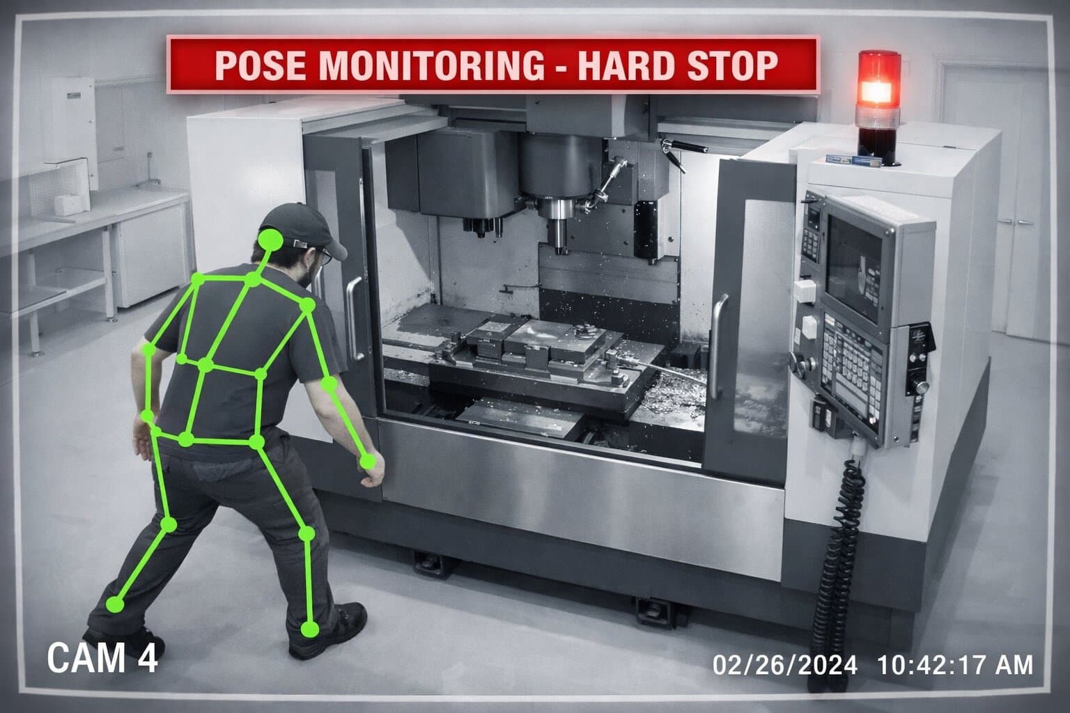 Worker reaching into CNC machine with AI skeleton overlay detecting unsafe body position