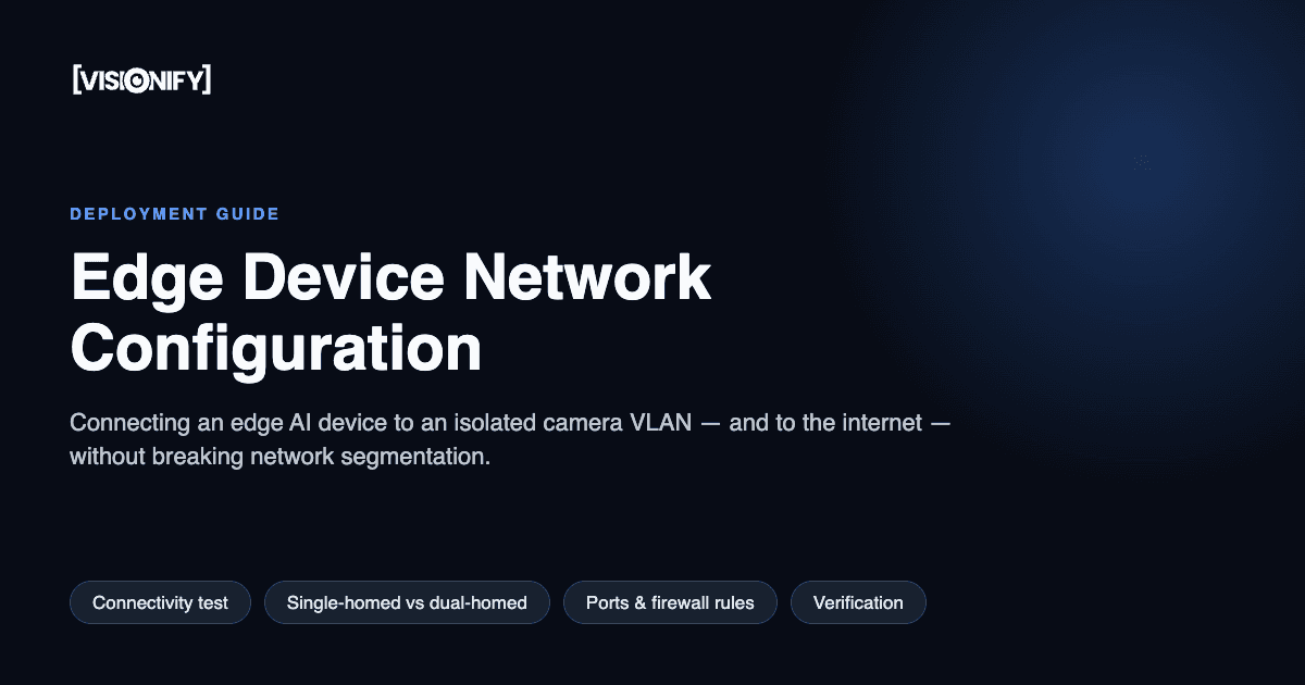 Network diagram showing an edge AI device connected to both an isolated camera VLAN and the corporate network for internet access