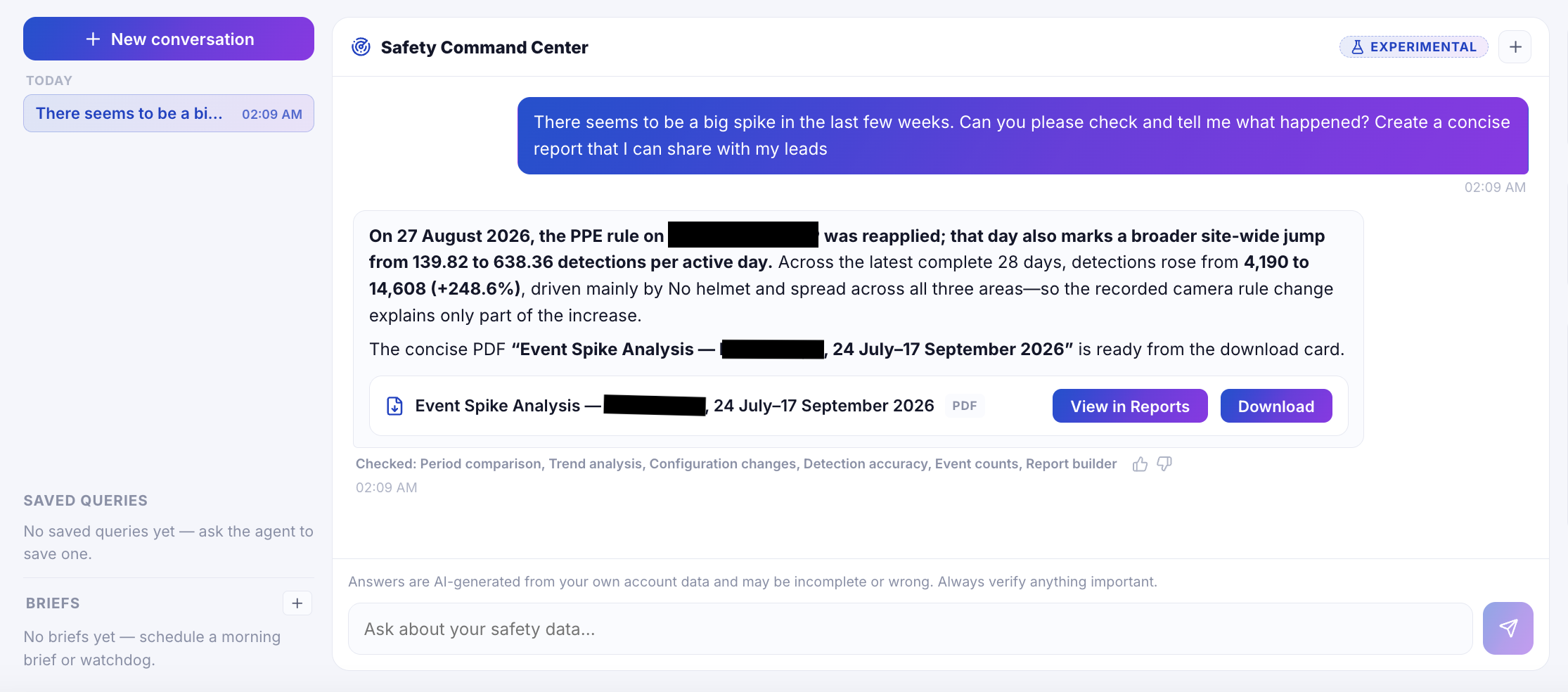 Visionify Safety Command Center chat interface showing an event spike analysis with a downloadable PDF report