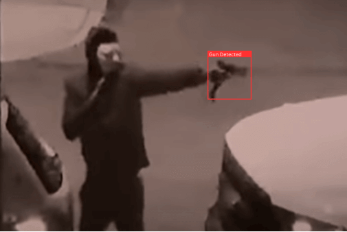 Firearms detection, gun detection, image of a person caught on CCTV camera with his gun detected by Vision AI software