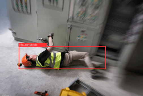 Slip and Fall Detection through VisionAI, image of a person that has fallen to the ground, CCTV detect it as a person-down event and alert the Building security.